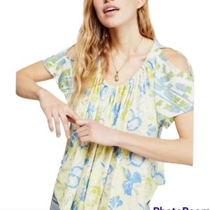 Free People Baja Babe T Shirt Yellow Floral Cold Shoulder Blouse Top size Small